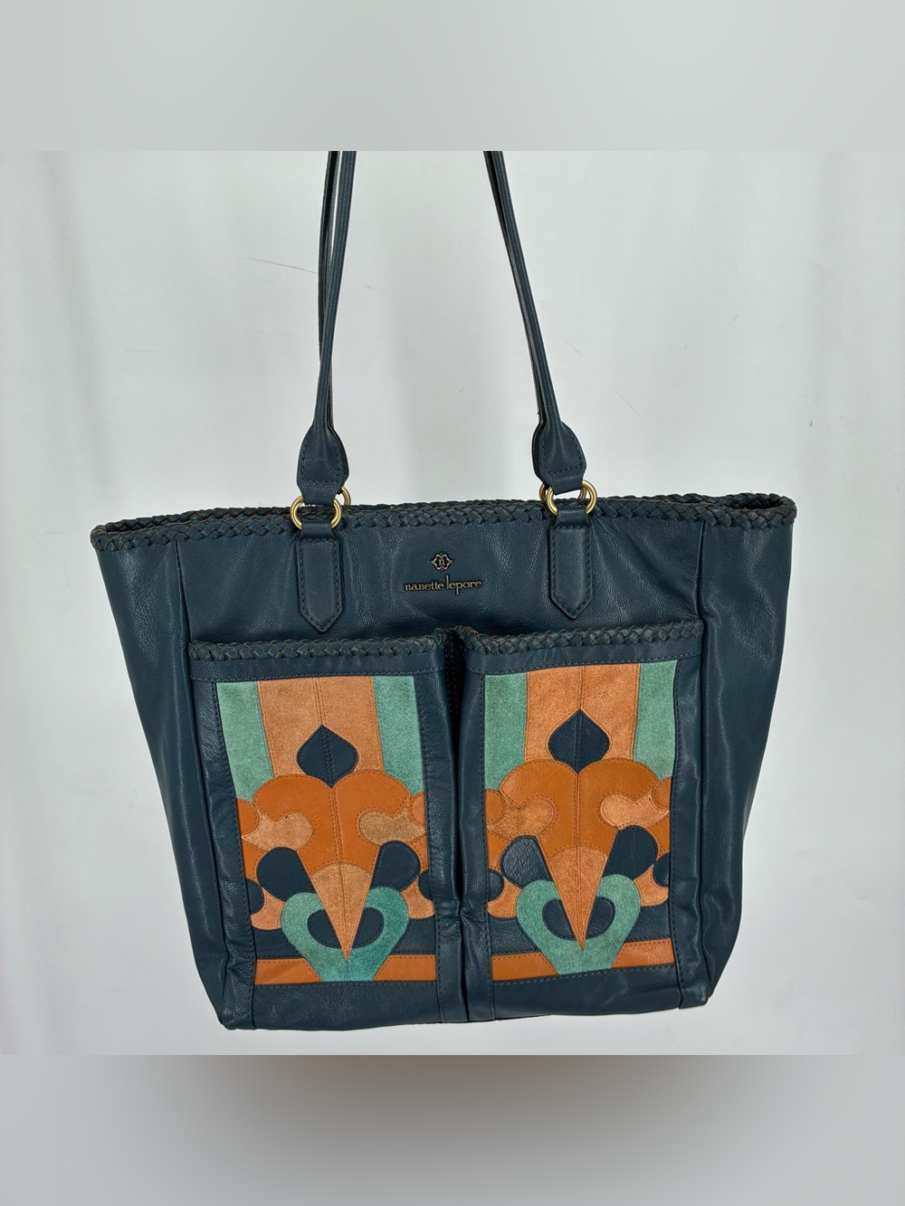 Nanette Lepore Leather Suede Patchwork Teal Blue Shoulder Bag Purse Tote Boho